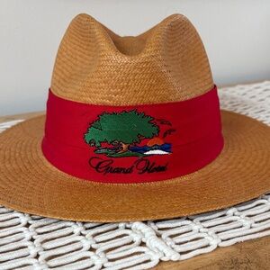 Straw Fedora with Red Embroidered Band - "Grand Hotel" vintage golf hat